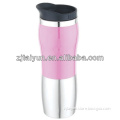 16oz stainless steel travel mug with pink band outside.